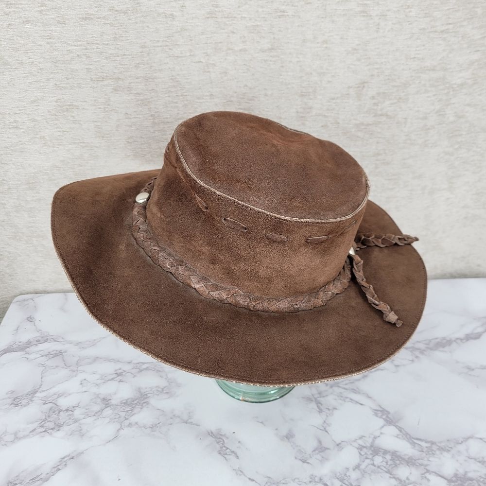 Banana Republic Brown Leather Safari Wide Brim Hat Vintage Y2K Walkabout Western - Picture 11 of 12
